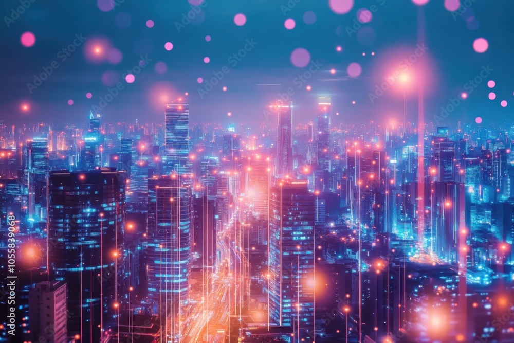 Futuristic cityscape at dusk a soft glow of neon lights illuminating the skyline with hovering motifs Futuristic cityscape at dusk a soft glow of neon lights illuminating the skyline with hovering motifs