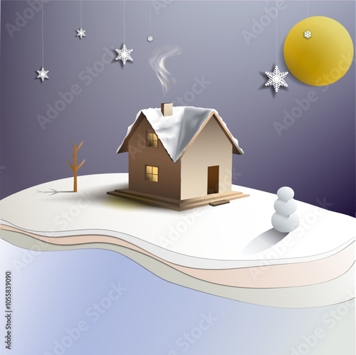 A cartoon scene with a house, a tree, and a river below, winter. Vector illustration 