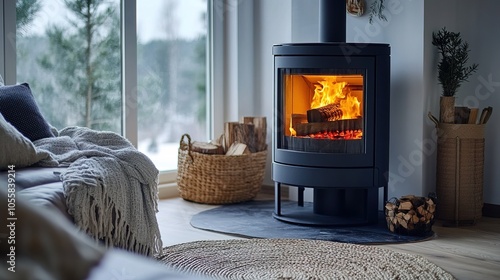 Wooden pellet heating stove in a cozy living room setting