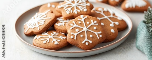 Gingerbread cookies decorated with icing in holiday shapes, arranged on a Christmas platter