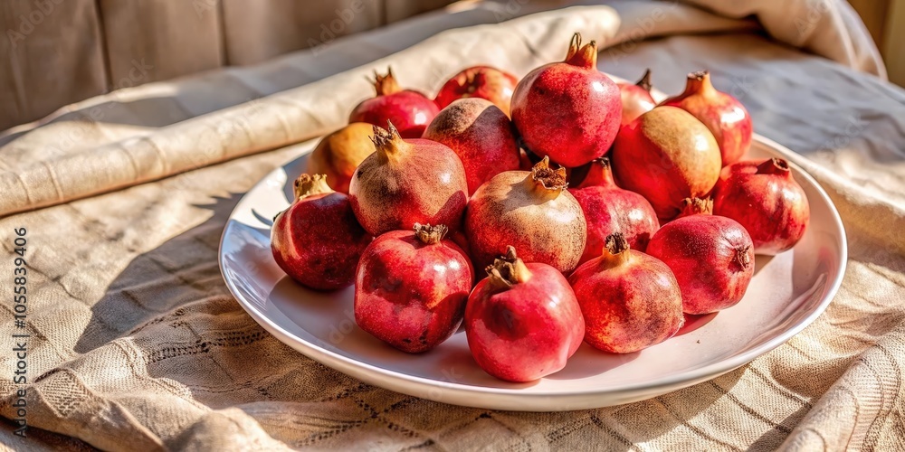 A bountiful harvest of pomegranates, nestled together in a white ceramic dish, bathed in the warm glow of sunlight, waiting to be enjoyed A bountiful harvest of pomegranates, nestled together in a white ceramic dish, bathed in the warm glow of sunlight, waiting to be enjoyed