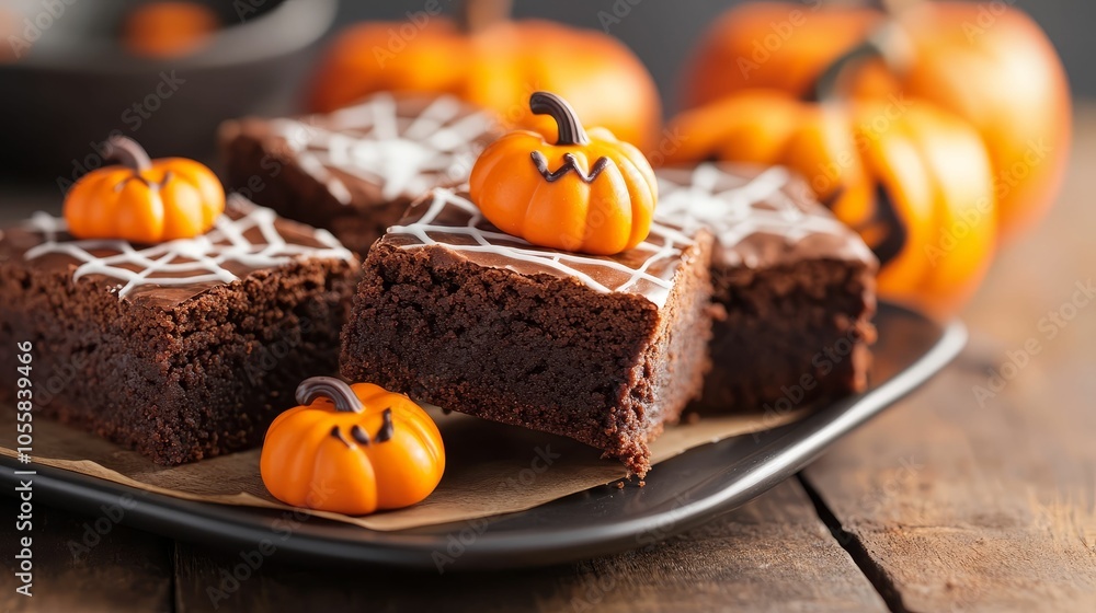 Chocolate brownies topped with candy pumpkins and spider web icing, spooky yet tasty Chocolate brownies topped with candy pumpkins and spider web icing, spooky yet tasty