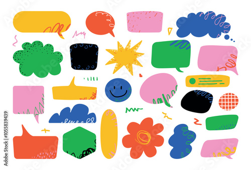 A colorful collage of a variety of textural speech and thought bubbles of various shapes, symbolizing communication, ideas and creativity.
