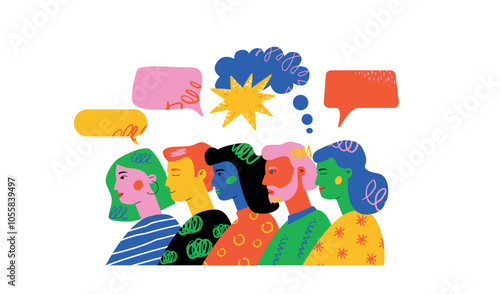 A vibrant illustration of diverse people engaged in conversation, with colorful speech and thought bubbles symbolizing dynamic ideas and collaboration.