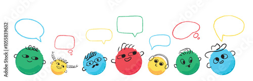 A group of diverse colorful doodle characters and speech bubbles above them. A symbol of different opinions and the uniqueness of each.