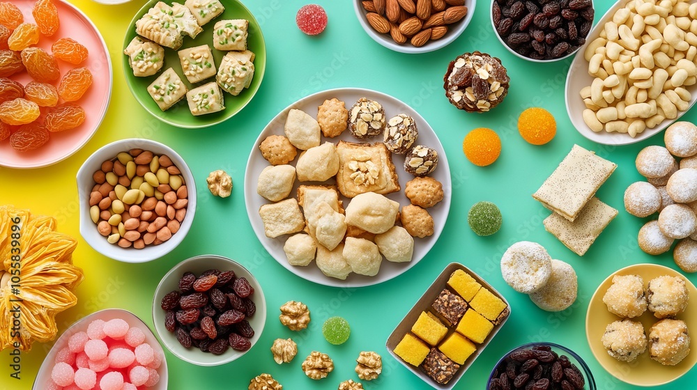 No v r u z holiday. N o v r u z table. , baklava, sugar candies, nuts and other cookies, dried fruits on a colored background No v r u z holiday. N o v r u z table. , baklava, sugar candies, nuts and other cookies, dried fruits on a colored background