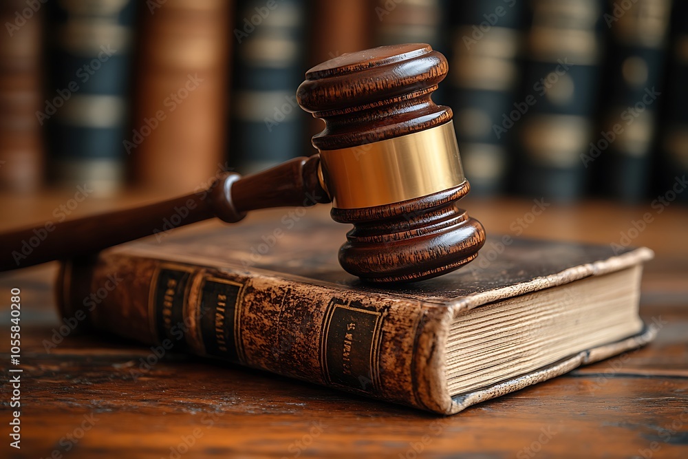 A gavel resting on an antique law book, symbolizing justice. A gavel resting on an antique law book, symbolizing justice.