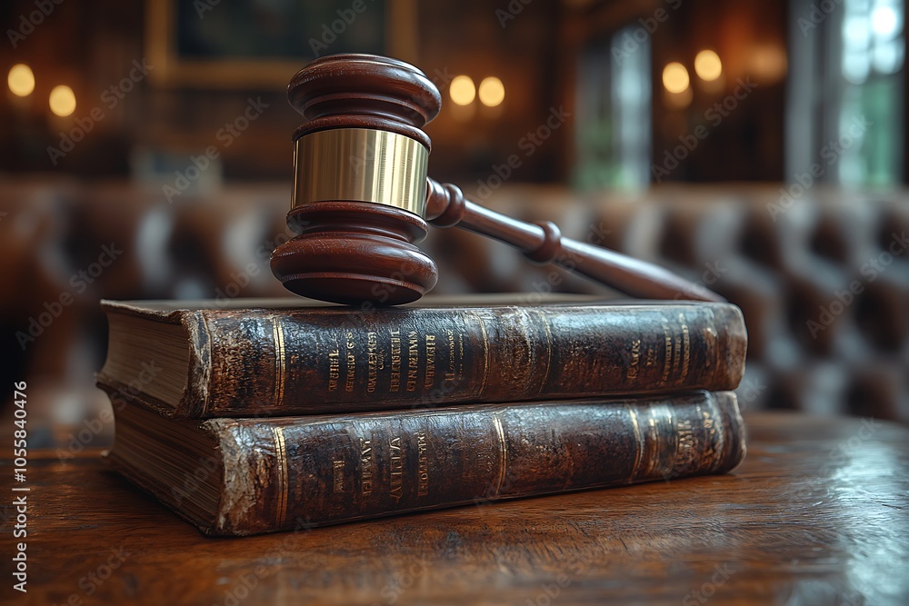Wooden gavel resting on antique law books in a library setting. Wooden gavel resting on antique law books in a library setting.