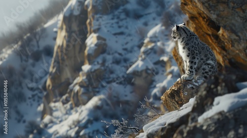 Snow Leopard in cinematic shot overlooking jagged mountains National Geographic style Hasselblad X1D 8k photo