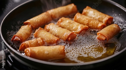 Crispy Golden Spring Rolls Cooking in a Pan