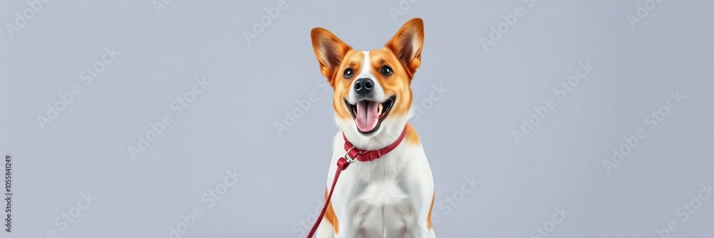 Happy dog sitting with leash in mouth, eager for walk, walk, domestic Happy dog sitting with leash in mouth, eager for walk, walk, domestic