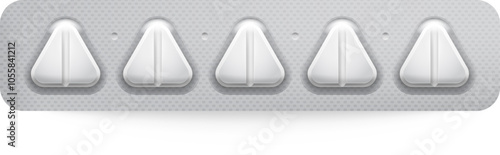 Five white triangular pills in a blister pack, isolated on white. Perfect for healthcare concepts.