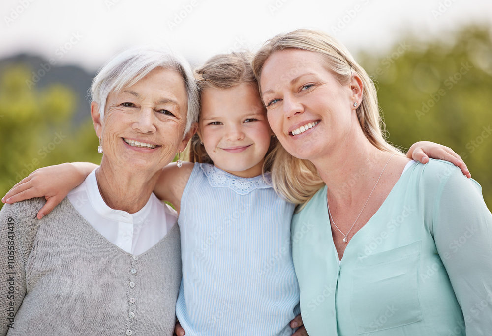Obraz premium Smile, portrait and generations with women, girl and hug in nature, park and summer for holiday. Happy, love and mom embracing children with care for vacation, adventure or weekend break for family