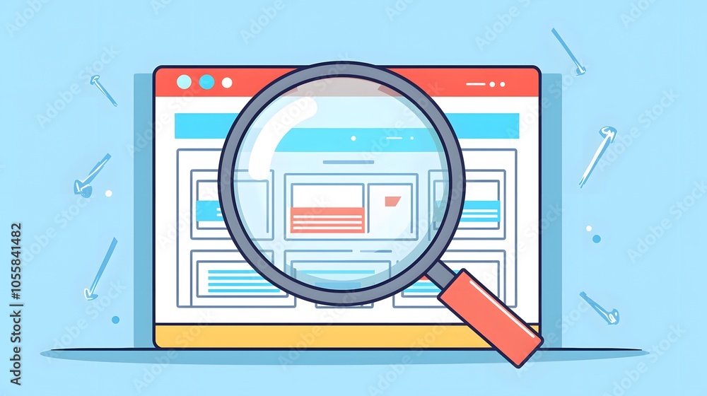 SEO Audit: A detective examining a magnifying glass with a website projected inside. Clues—broken links, slow loading times—reveal areas for improvement. (audit, detective, clues) SEO Audit: A detective examining a magnifying glass with a website projected inside. Clues—broken links, slow loading times—reveal areas for improvement. (audit, detective, clues)