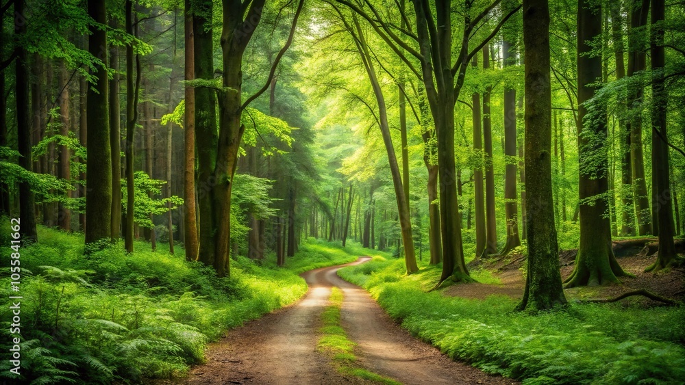 Lush green forest with towering trees and a winding dirt path, branches, trees Lush green forest with towering trees and a winding dirt path, branches, trees
