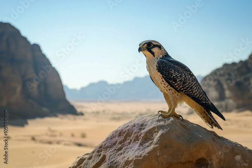 Falcon perched on a rock in the desert, scanning the horizon for prey, with distant mountains and a cloudless sky. photo