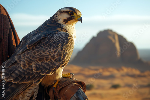 A falcon with traditional leather hood, sitting on the hunter's arm, with an expansive desert landscape in the background. photo