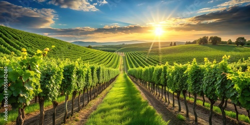 Wallpaper Mural Lush green vineyard with rows of grapevines stretching towards the sun, grapes, rural, landscape, countryside Torontodigital.ca