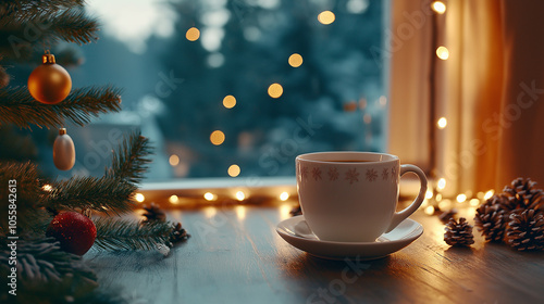 cup of tea with christmas decorations on a table