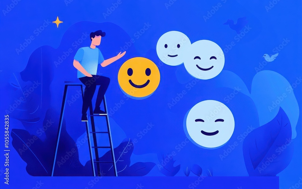 Naklejka premium A man reaching for a happy face symbol while on a ladder, with sad and neutral faces alongside him, depicted in a vector illustration showcasing customer experience quality scales