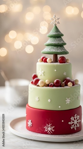 A tall Christmas cake with red and green layers, topped with a festive tree and snowflakes