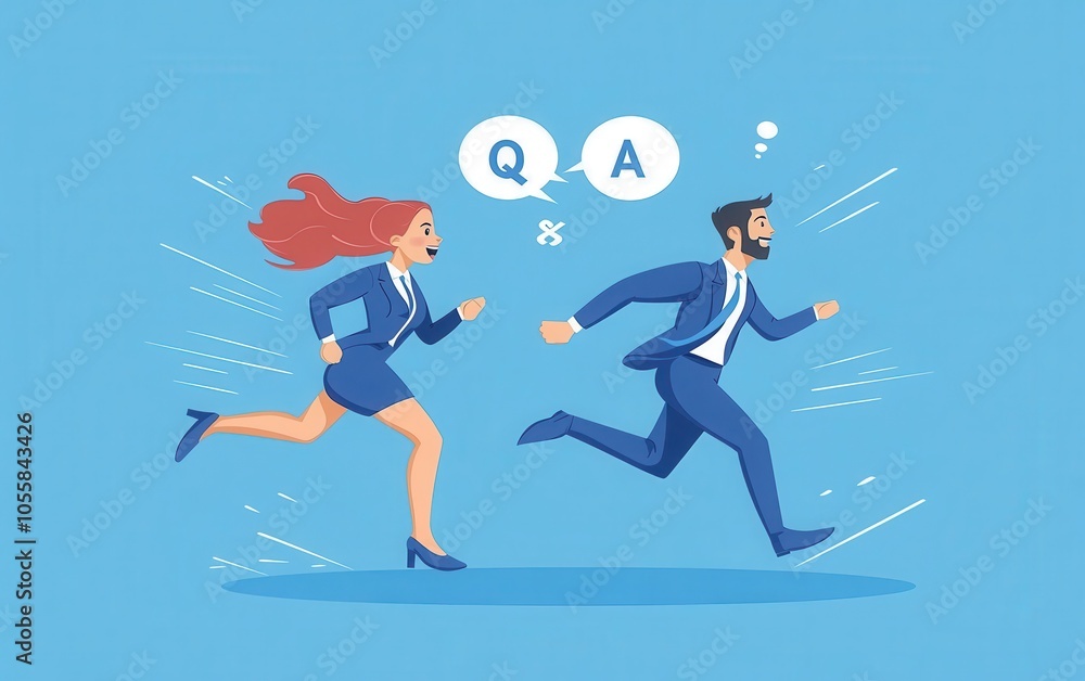 Vector illustration of a man and woman in business suits sprinting towards one another, featuring speech bubbles with Vector illustration of a man and woman in business suits sprinting towards one another, featuring speech bubbles with