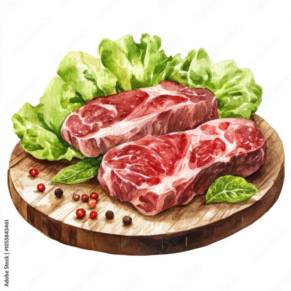 Fototapeta premium Delicious Beef Steak with Fresh Lettuce and Pepper on Wooden Plate. Watercolor Illustration