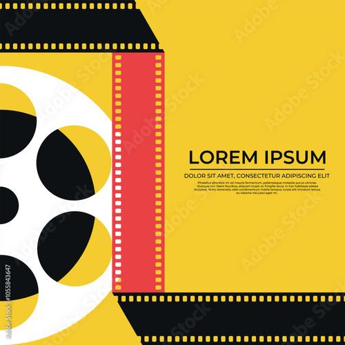 Movie festival template design with film reel film strip emblems. Bright movie film poster retro style background with text. Vector illustration