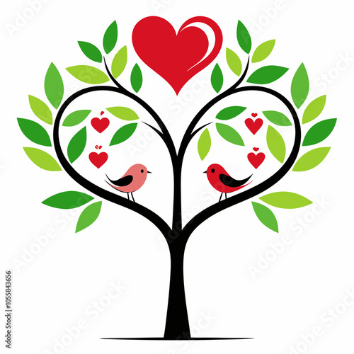 Heart tree and love birds heart tree and couple vector illustration on white background