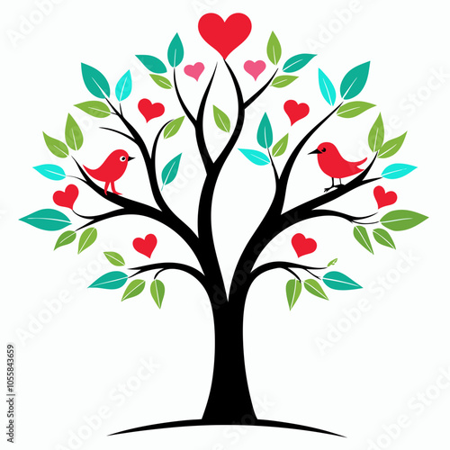 Heart tree and love birds heart tree and couple vector illustration on white background