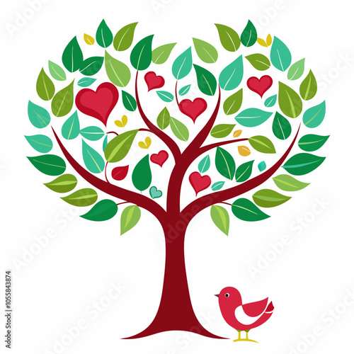 Heart tree and love birds heart tree and couple vector illustration on white background