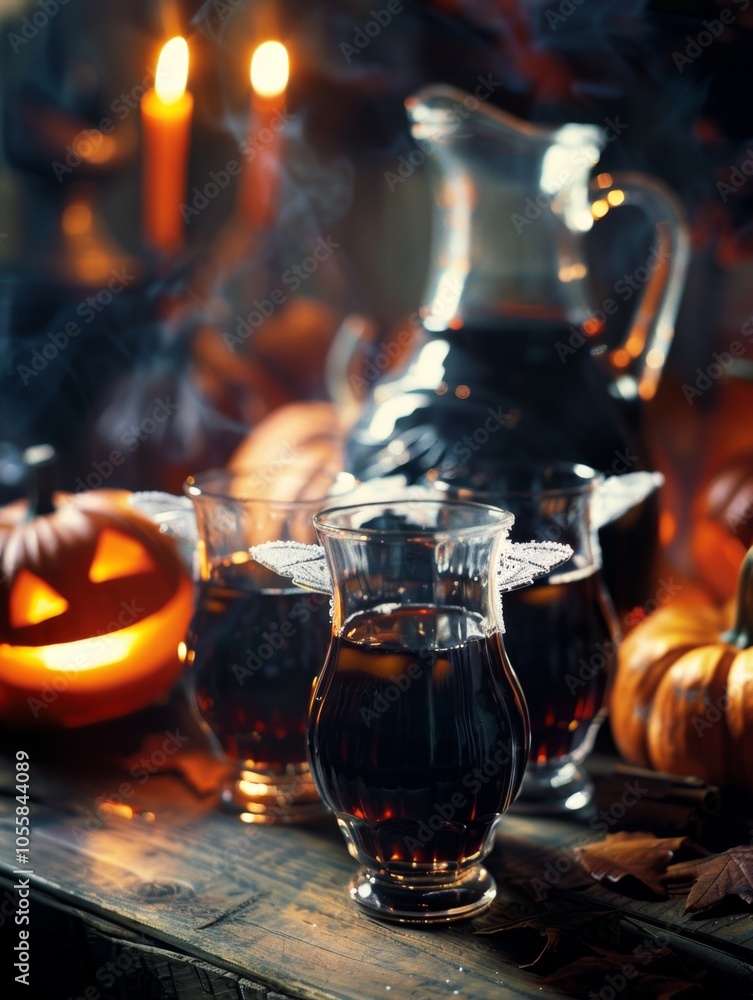 Three glasses of dark liquid, a pitcher, and a jack-o-lantern on a rustic wooden table with candles and pumpkins in the background. Three glasses of dark liquid, a pitcher, and a jack-o-lantern on a rustic wooden table with candles and pumpkins in the background.
