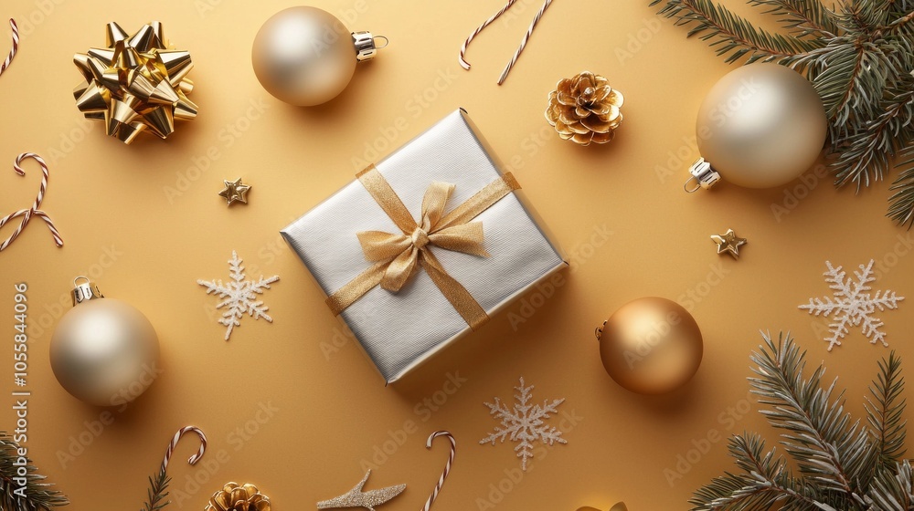 flat lay composition features a silver gift box tied with a ribbon surrounded golden ornaments pine branches and festive decor showcasing a vibrant holiday theme. flat lay composition features a silver gift box tied with a ribbon surrounded golden ornaments pine branches and festive decor showcasing a vibrant holiday theme.