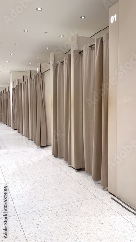 Fotografie Modern shops changing room with sleek gray curtains big mirror Spacious cabins provide stylish comfortable environment for customers to try on clothes during sale, enhancing shopping experience