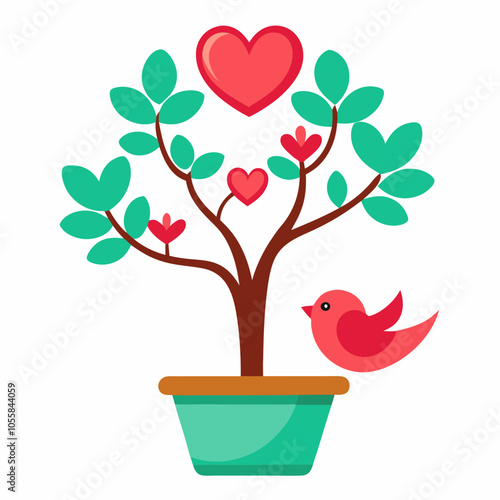 Heart tree and love birds heart tree and couple vector illustration on white background