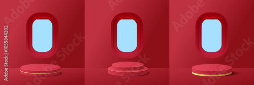 Set of red podium for product display presentation with airplane windows on red background. Merry Christmas background