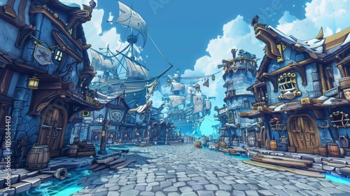 A cobblestone street in a fantasy harbor town with colorful buildings and a large ship in the background.