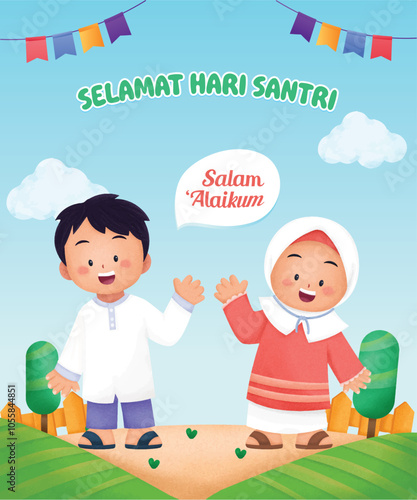 Happy Kids Muslim Say Salam Cartoon Illustration With Background Blue