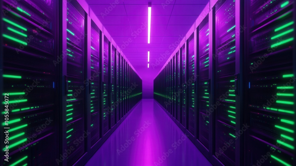 High-Tech Server Room With Neon Lighting High-Tech Server Room With Neon Lighting