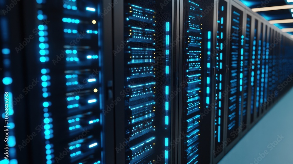 Overhead View of Data Center with Bright Servers Overhead View of Data Center with Bright Servers