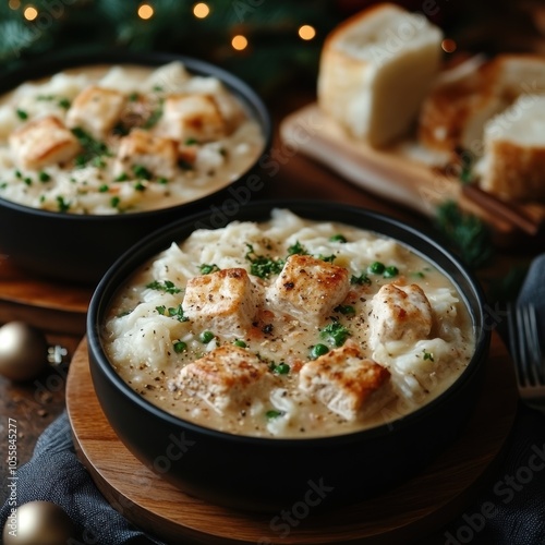 A comforting bowl of creamy winter soup topped with golden croutons and garnished with herbs, perfect for cozy holiday meals.