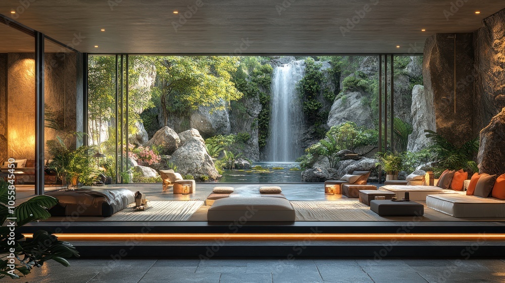Fototapeta premium Serene indoor space with a view of a tranquil waterfall.