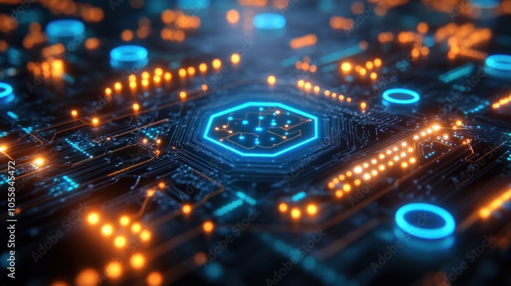 Abstract digital circuit board with glowing blue and orange lights, representing the concept of artificial intelligence or technology. Abstract digital circuit board with glowing blue and orange lights, representing the concept of artificial intelligence or technology.