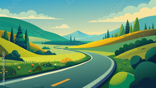 Landscape with winding road, hills, and blue sky vector illustration 