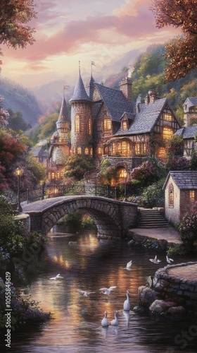 A quaint village nestled in a valley, with a stone bridge over a river and swans swimming in the water.