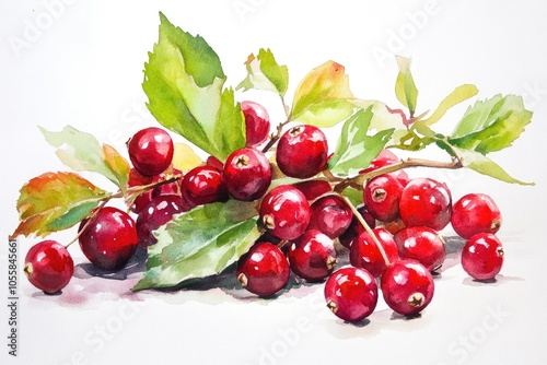 Juicy Cranberry and Leaves. Hand-Drawn Watercolor Illustration of Fresh Red Berries and Green Leaves on White Background