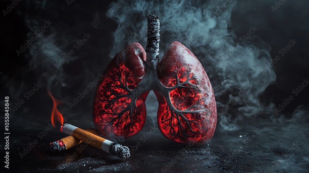 A dramatic image of smoke-filled lungs next to a lit cigarette placed on a dark background A dramatic image of smoke-filled lungs next to a lit cigarette placed on a dark background