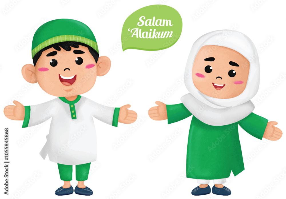 Happy Kids Muslim Say Salam Cartoon Illustration Happy Kids Muslim Say Salam Cartoon Illustration