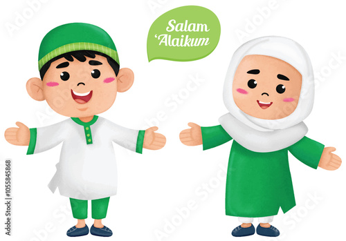 Happy Kids Muslim Say Salam Cartoon Illustration