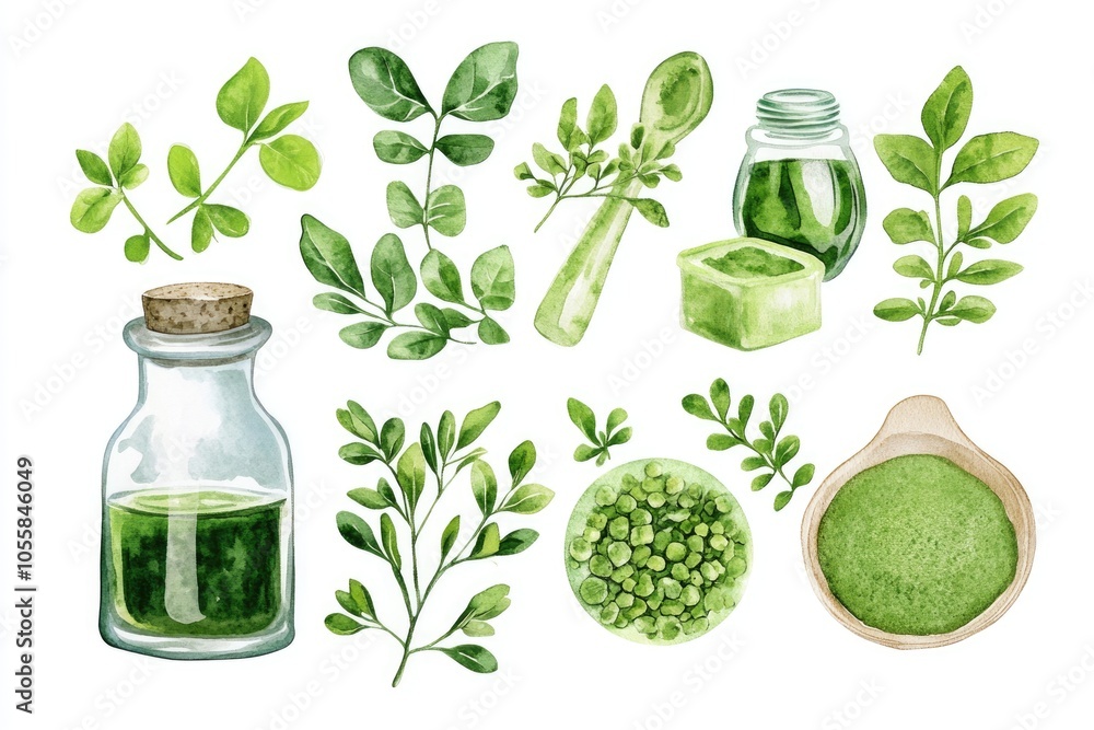 Natural Moringa Leaf and Tree Oil Set. Fresh Watercolor Illustration for Healthy Herbal Food and Cosmetic Ingredients Natural Moringa Leaf and Tree Oil Set. Fresh Watercolor Illustration for Healthy Herbal Food and Cosmetic Ingredients